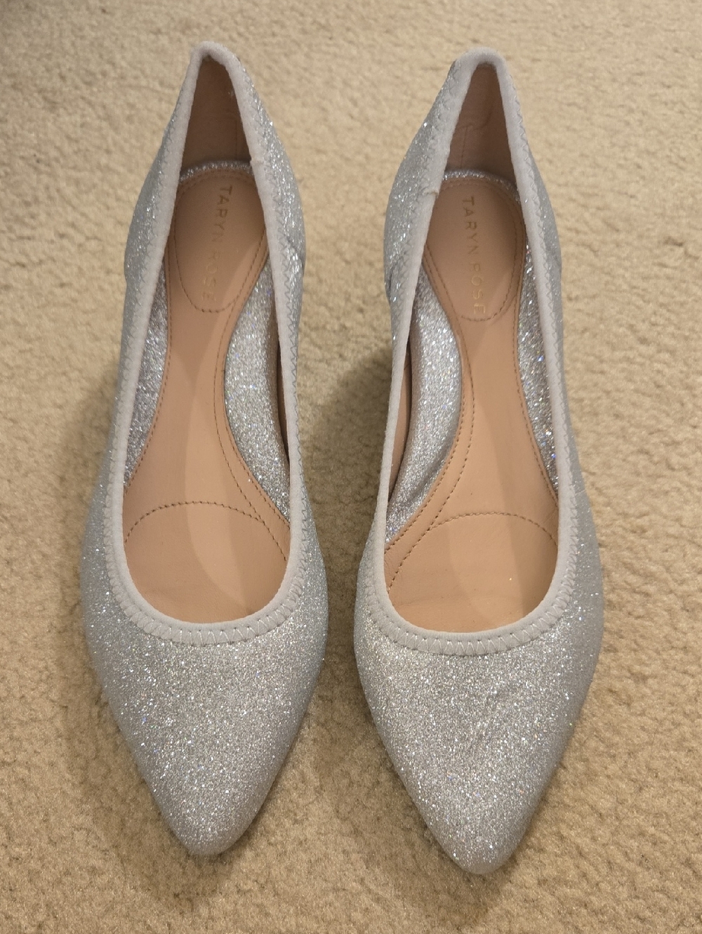Taryn Rose Silver Glitter Pointed Ballet Kitten Heels